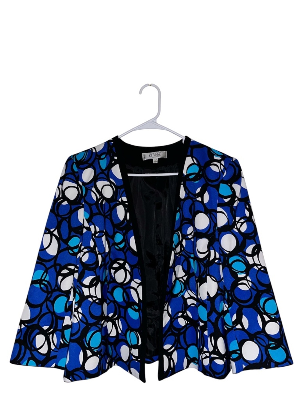 Kasper Women Blue Multi Open Front Circular Geometric Pattern Print Blazer 14P